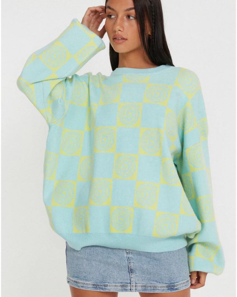 $90 NWT Motel Akari Jumper In Optiz Maze Blue sweater XL